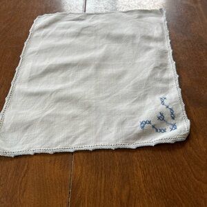 White and Blue Kitchen Linen with Delicate Embroidery and tan embroidery design